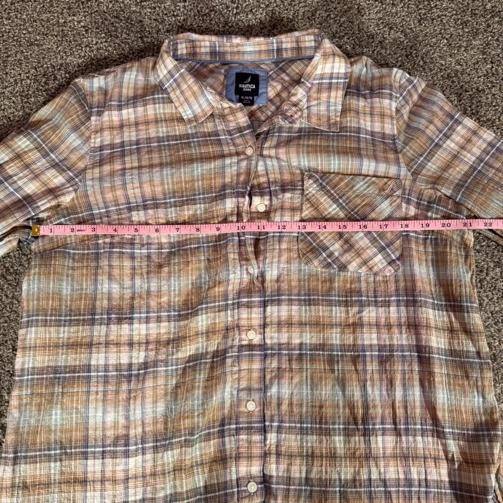 Nautica Jeans Women's Plaid Long Sleeve‎ Button Down Shirt XL Beige Blue